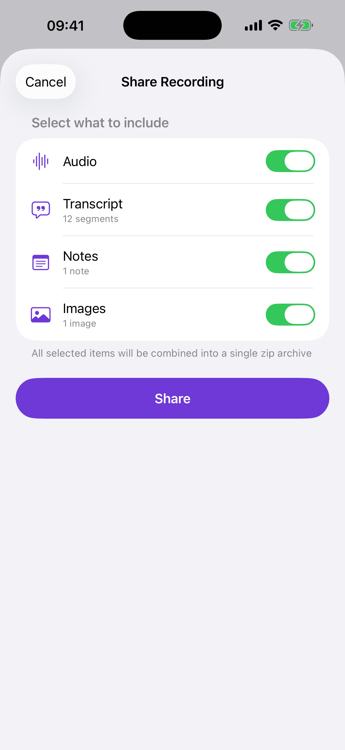 RecorAI sharing options showing export capabilities
