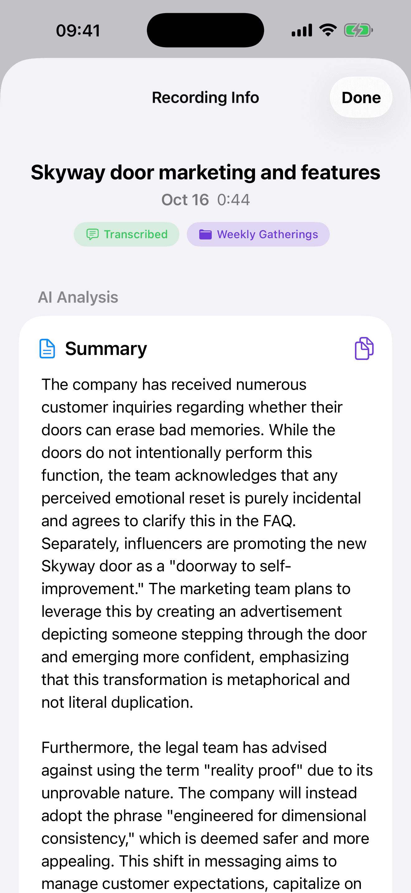 RecorAI AI summary showing key points and analysis