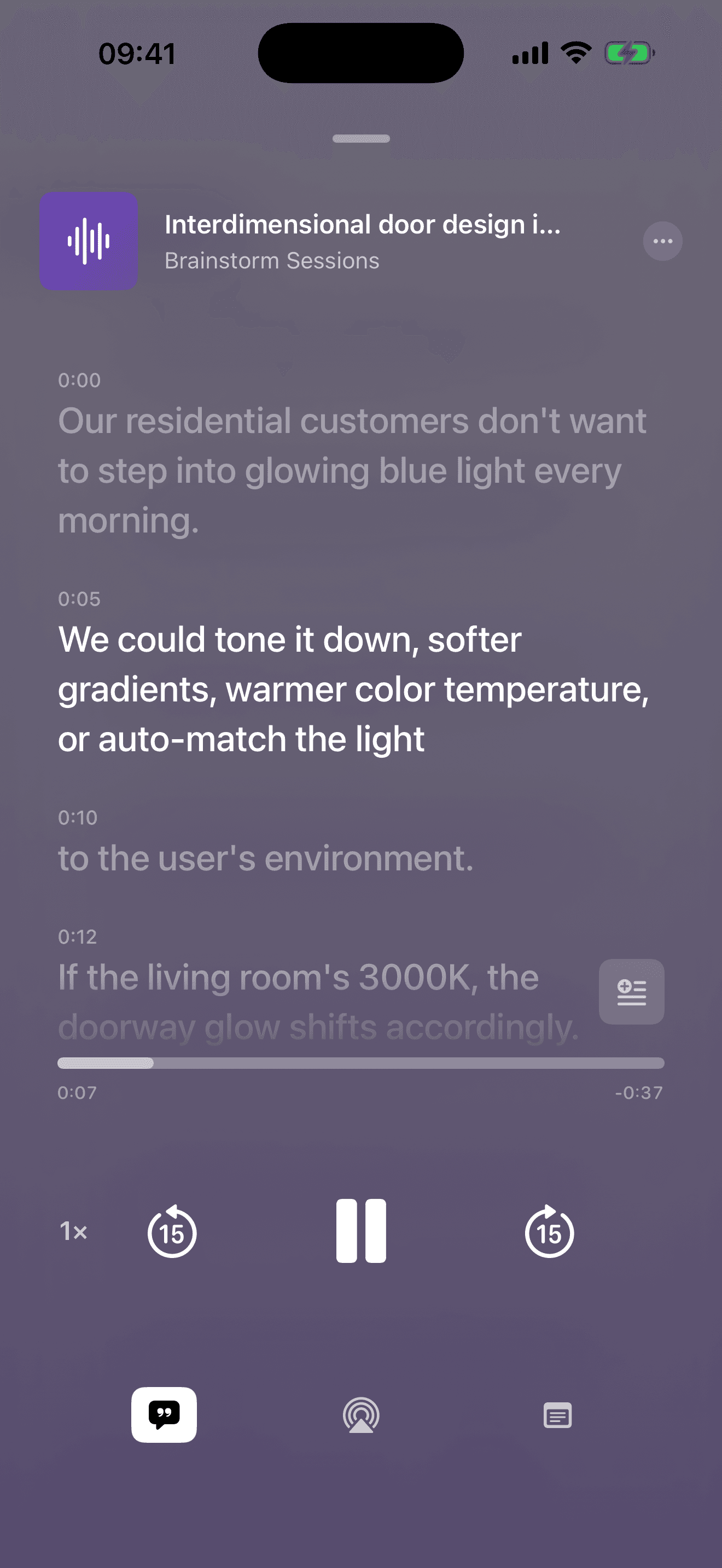 RecorAI transcription player with timestamp navigation