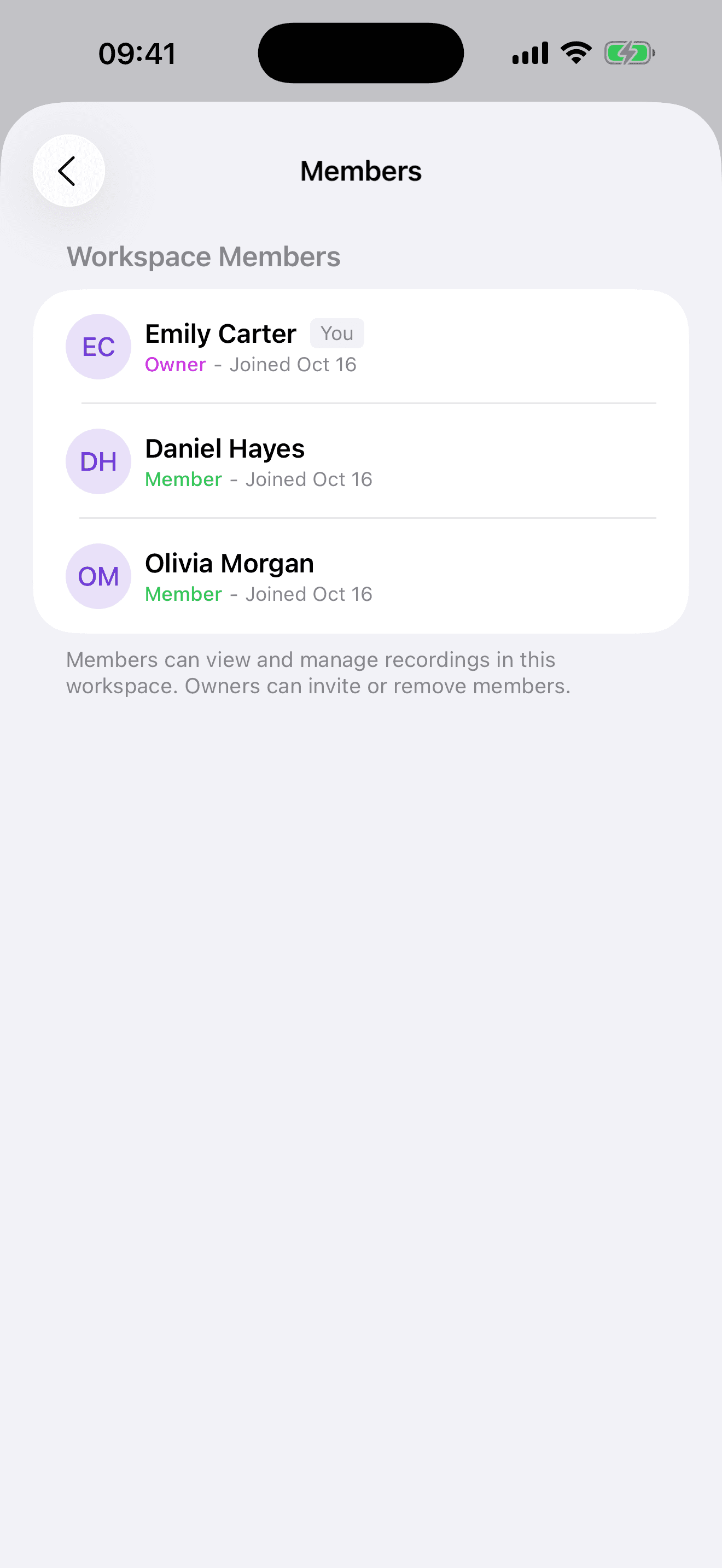 RecorAI workspace members list with role management